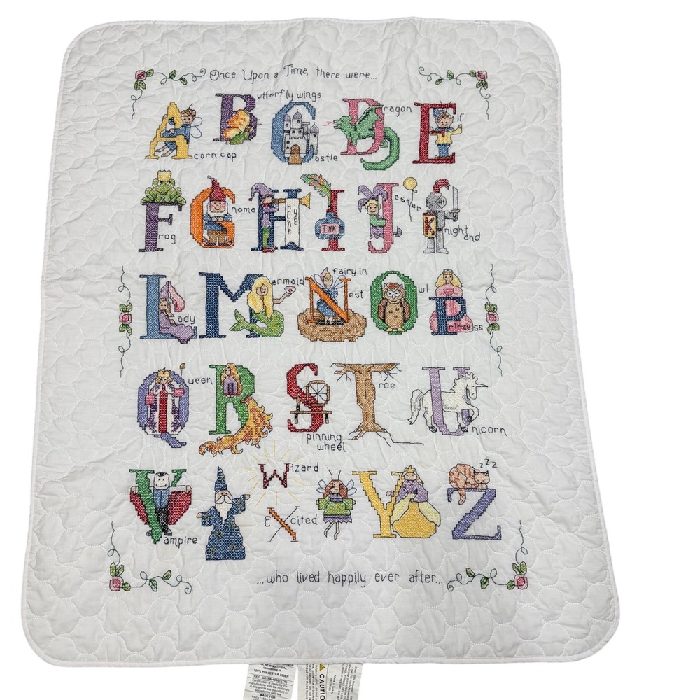 Vintage Hand Embroidered Alphabet Baby Quilt Fairy Tale Nursery Blanket White